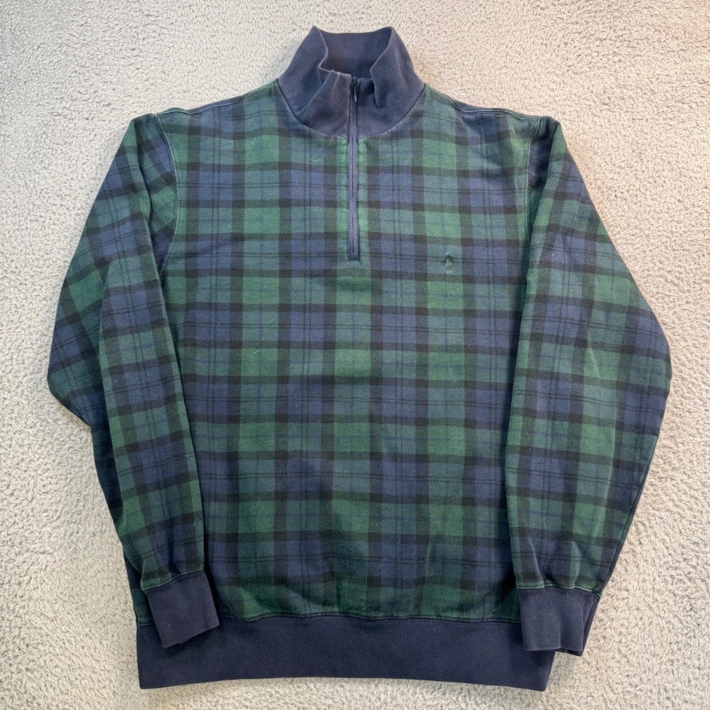 Polo Golf Ralph Lauren Mens Medium Black Watch Plaid 1/4 Zip Pullover Green Navy